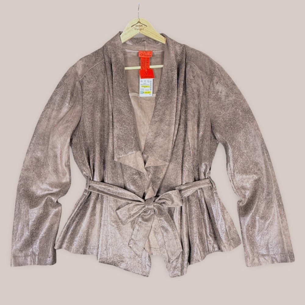 V Cristina NWT Wrap Belted Jacket Womens L Taupe Gray Faux-Suede Waterfall Drape